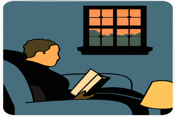 An illustration of a reader enjoying The Predators' Ball by Connie Bruck in a cosy interior