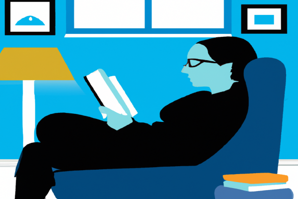 An illustration of a reader enjoying The Richest Man in Babylon by George S. Clason in a cosy interior