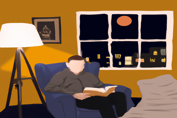 An illustration of a reader enjoying The Rise and Fall of the Dinosaurs by Stephen Brusatte in a cosy interior