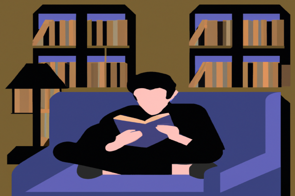 An illustration of a reader enjoying The Road by Cormac McCarthy in a cosy interior