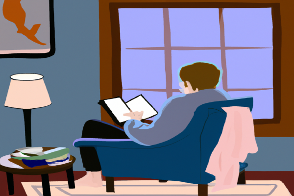 An illustration of a reader enjoying The Speed of Trust by Stephen M.R. Covey in a cosy interior