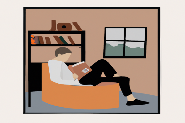 An illustration of a reader enjoying The Stock Market Outsider by Philip Fanara in a cosy interior