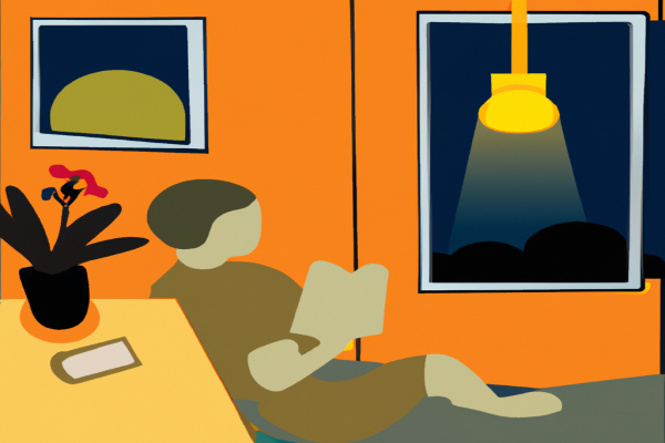 An illustration of a reader enjoying The Third Chimpanzee by Jared Diamond in a cosy interior