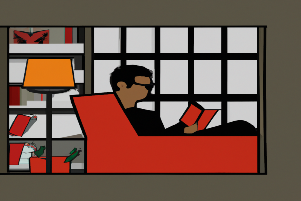 An illustration of a reader enjoying The Unconsoled by Kazuo Ishiguro in a cosy interior