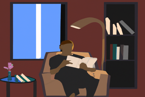 An illustration of a reader enjoying The Warren Buffett Portfolio by Robert Hagstrom in a cosy interior