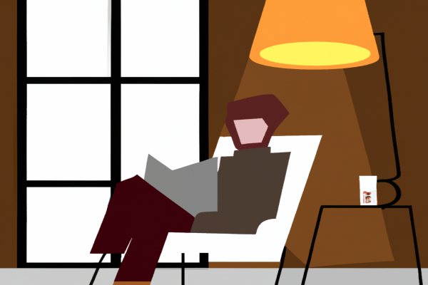 An illustration of a reader enjoying The World Is Flat by Thomas L. Friedman in a cosy interior