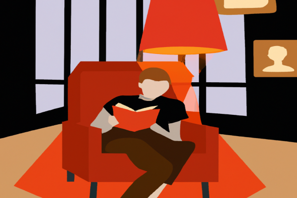 An illustration of a reader enjoying Tuesdays with Morrie by Mitch Albom in a cosy interior