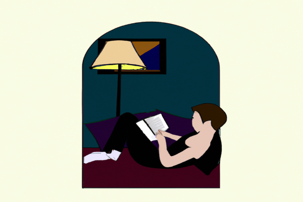 An illustration of a reader enjoying Where the Mountain Meets the Moon by Grace Lin in a cosy interior