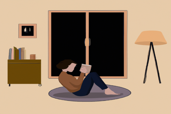 An illustration of a reader enjoying Crossroads and the Himalayan Crystals by C. Toni Graham in a cosy interior