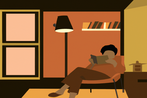 An illustration of a reader enjoying Death Leaves a Shadow by Gabriel F.W. Koch in a cosy interior