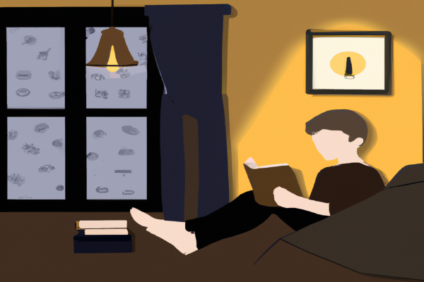 An illustration of a reader enjoying Harry Potter and the Goblet of Fire by J.K. Rowling in a cosy interior