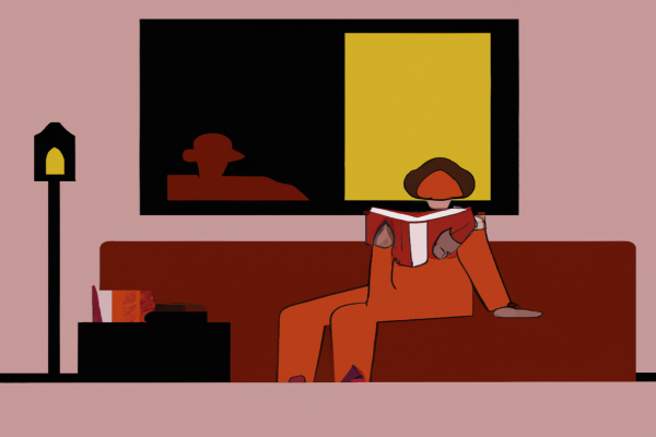 An illustration of a reader enjoying Shutter Island by Dennis Lehane in a cosy interior