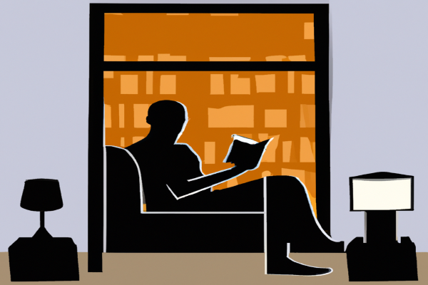 An illustration of a reader enjoying The Tuscan Child by Rhys Bowen in a cosy interior