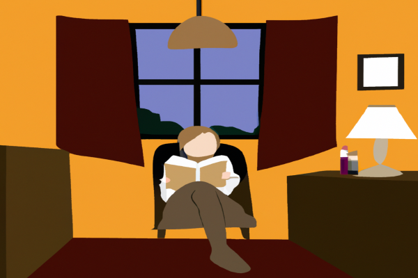 An illustration of a reader enjoying Twilight by Stephenie Meyer in a cosy interior