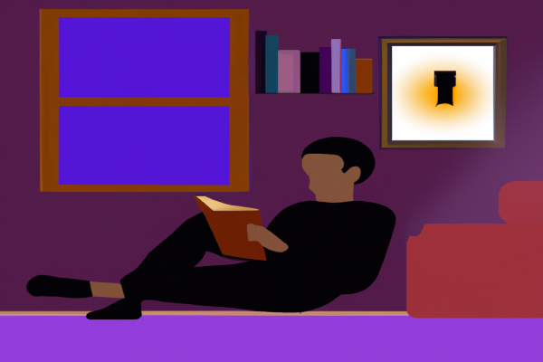 An illustration of a reader enjoying 10% Happier by Dan Harris in a cosy interior