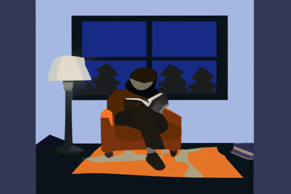 An illustration of a reader enjoying A Town Called Solace by Mary Lawson in a cosy interior