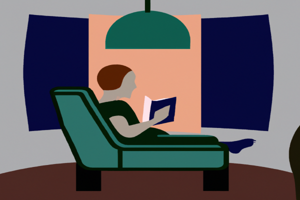 An illustration of a reader enjoying Animal Farm by George Orwell in a cosy interior