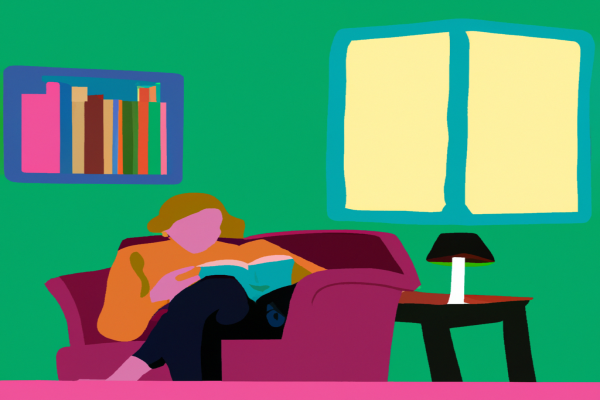 An illustration of a reader enjoying Astrophysics for People in a Hurry by Neil deGrasse Tyson in a cosy interior