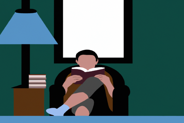 An illustration of a reader enjoying Atomic Habits by James Clear in a cosy interior