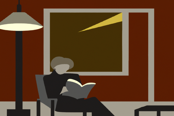 An illustration of a reader enjoying Blindness by José Saramago in a cosy interior