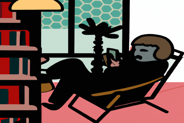 An illustration of a reader enjoying Book Title Generator by Scott Lorenz in a cosy interior