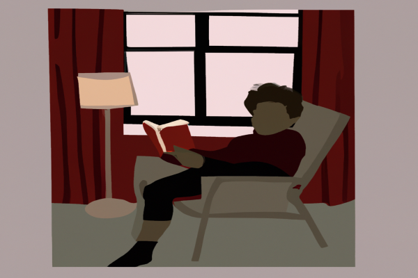 An illustration of a reader enjoying Braiding Sweetgrass by Robin Wall Kimmerer in a cosy interior