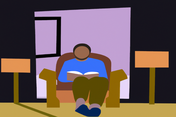 An illustration of a reader enjoying Braiding Sweetgrass by Robin Wall Kimmerer in a cosy interior