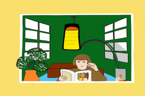 An illustration of a reader enjoying Brief Answers to the Big Questions by Stephen Hawking in a cosy interior