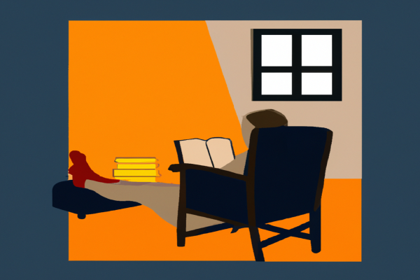 An illustration of a reader enjoying Building a Second Brain by Tiago Forte in a cosy interior