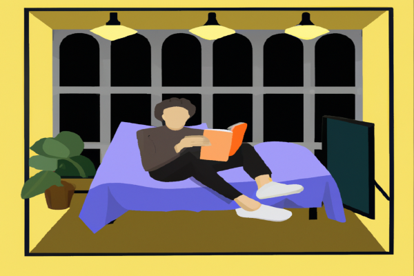 An illustration of a reader enjoying Capitalism and Freedom by Milton Friedman in a cosy interior