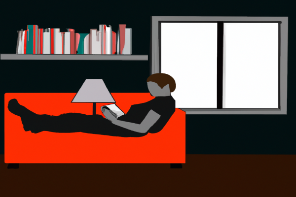 An illustration of a reader enjoying Crime and Punishment by Fyodor Dostoevsky in a cosy interior