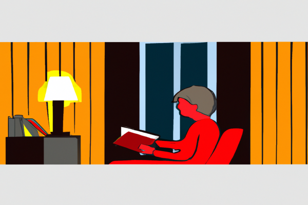 An illustration of a reader enjoying East Of Eden by John Steinbeck in a cosy interior