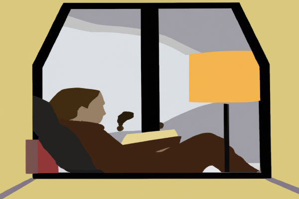 An illustration of a reader enjoying Essentialism by Greg McKeown in a cosy interior