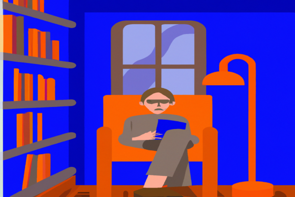 An illustration of a reader enjoying Frankenstein by Mary Wollstonecraft Shelley in a cosy interior