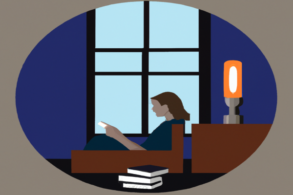 An illustration of a reader enjoying Gödel, Escher, Bach by Douglas R. Hofstadter in a cosy interior