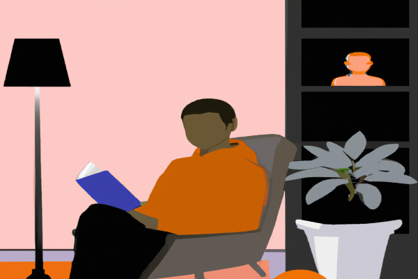 An illustration of a reader enjoying Getting Things Done by David Allen in a cosy interior