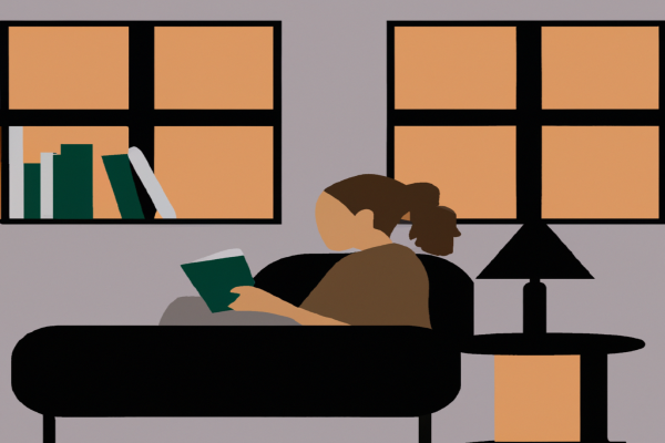 An illustration of a reader enjoying Gone Girl by Gillian Flynn in a cosy interior