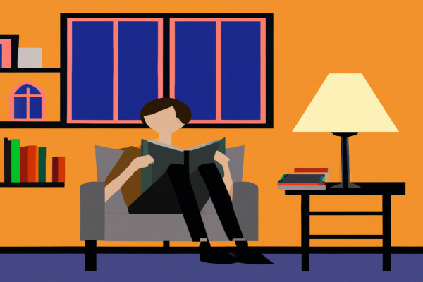 An illustration of a reader enjoying House In The Cerulean Sea by TJ Klune in a cosy interior