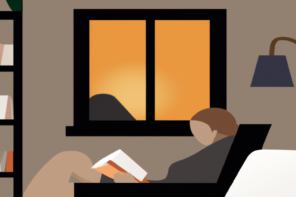 An illustration of a reader enjoying House of Sand and Fog by Andre Dubus III in a cosy interior