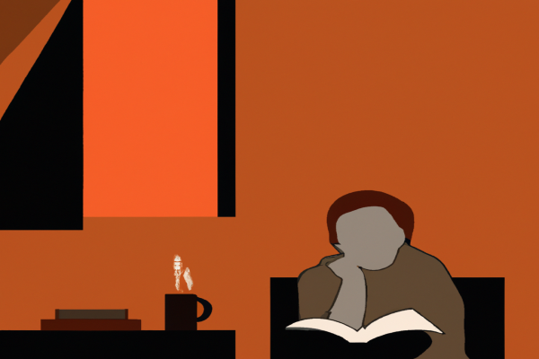 An illustration of a reader enjoying I Can’t Climb Trees Anymore by Ruskin Bond in a cosy interior