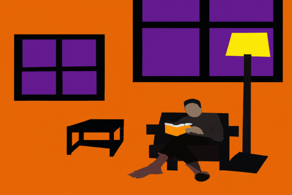 An illustration of a reader enjoying If Harry Potter Ran General Electric by Tom Morris in a cosy interior