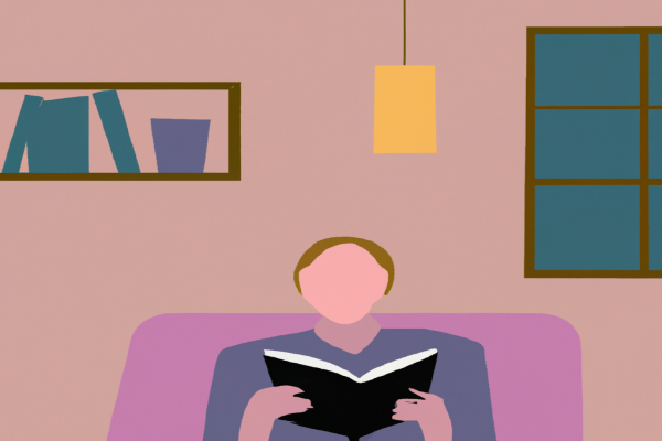 An illustration of a reader enjoying King Lear by William Shakespeare in a cosy interior