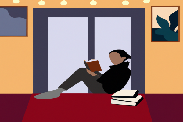 An illustration of a reader enjoying Launching a Leadership Revolution by Chris Brady in a cosy interior