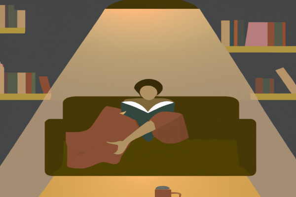 An illustration of a reader enjoying Lord of the Flies by William Golding in a cosy interior