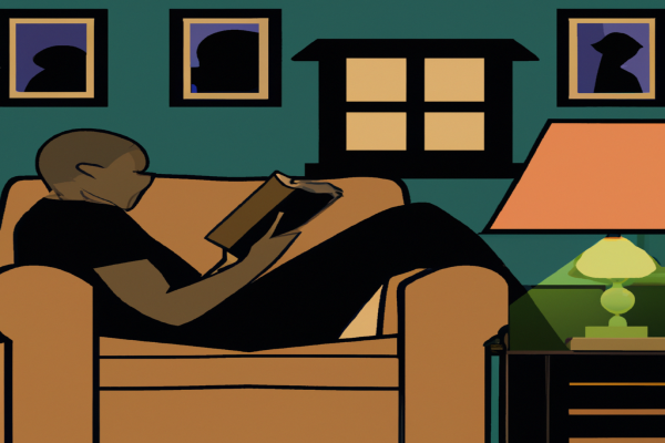 An illustration of a reader enjoying Love's Executioner and Other Tales of Psychotherapy by Irvin D. Yalom in a cosy interior