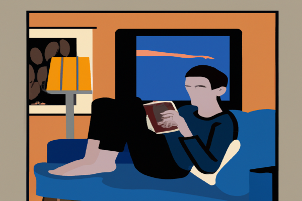 An illustration of a reader enjoying Man and His Symbols by C.G. Jung in a cosy interior