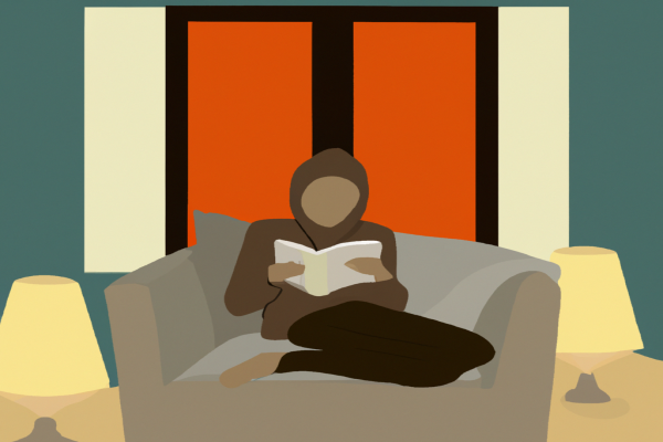 An illustration of a reader enjoying Man's Search for Meaning by Viktor E. Frankl in a cosy interior