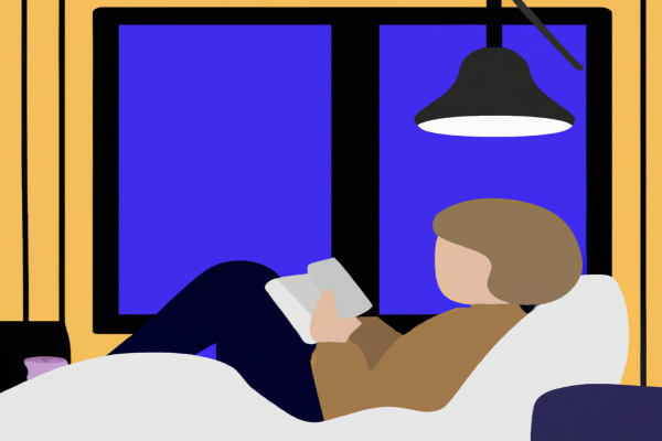 An illustration of a reader enjoying Master of the Game by Connie Bruck in a cosy interior