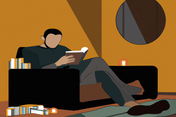An illustration of a reader enjoying Positioning by Al Ries in a cosy interior