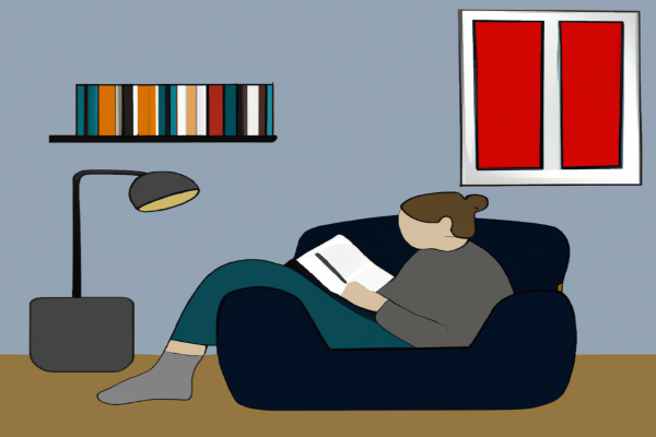 An illustration of a reader enjoying Speak by Laurie Halse Anderson in a cosy interior